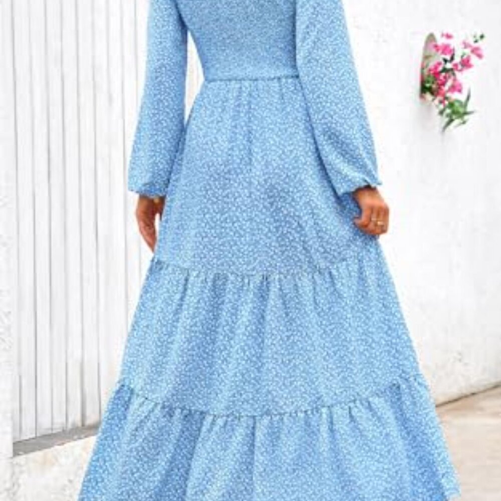 Flowy Floral Maxi Dress Smocked Tiered Long Sleeve Spring Boho Chic - Picture 4 of 8